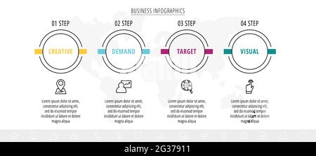 Infografiken Kreise mit Symbolen. Linienvektor Geschäftskonzept von 4 Schritten für Schritt, Optionen, Quadrate. Vorlage mit vier Möglichkeiten für Diagramm, Web, Banner Stock Vektor