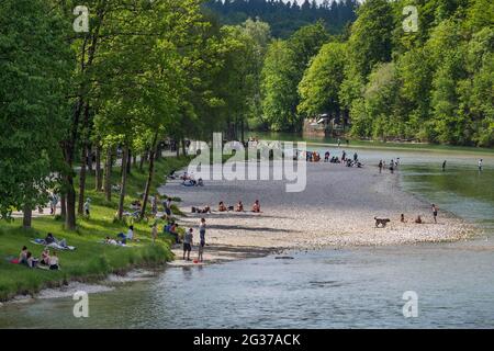 Isarbank mit Menschen und Hunden, Bad Tölz, Oberbayern, Bayern, Deutschland Stockfoto