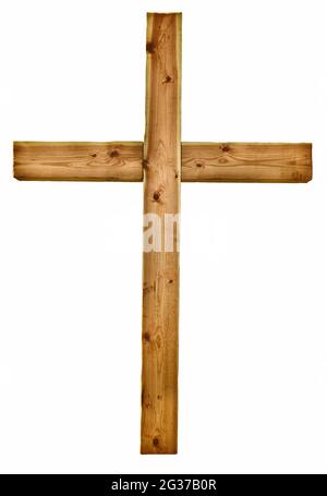 Leeres hölzernes religiöses Kreuz, isoliert auf weißem Hintergrund Stockfoto