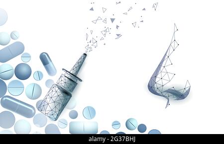 Rhinitis Nase Low Poly. Behandlung Medizin Coryza. Apotheke laufende Nasenspray. Medikamentenkapsel polygonales Design Banner Vorlage Forschungsvektor Stock Vektor