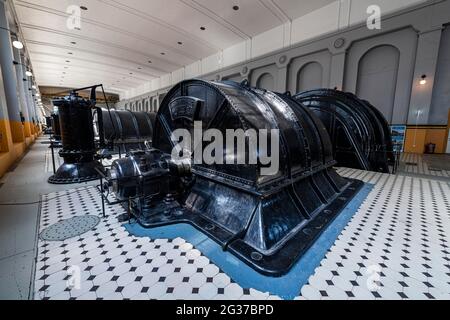 Alte Turbinen im Wasserkraftwerk UNESCO-Weltkulturerbe Industriegebiet Rjukan-Notodden, Norwegen Stockfoto