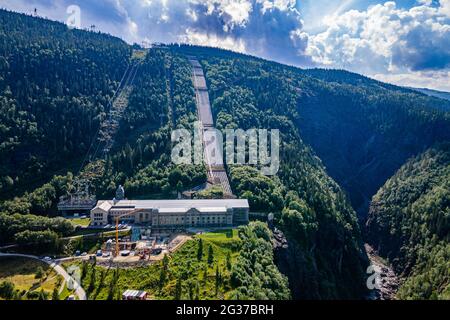 Luftaufnahme des Wasserkraftwerks, UNESCO-Weltkulturerbe Industriegebiet Rjukan-Notodden, Norwegen Stockfoto