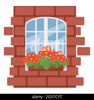 Schachtel mit Blumen am Fenster, Ziegelwand mit weißem Fenster, Vektorgrafik im flachen Stil, Cartoon, isoliert Stock Vektor