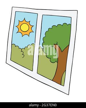 Cartoon Vektordarstellung von Fenster und Tag, Sonne und Baum. Farbige und schwarze Umrisse. Stock Vektor