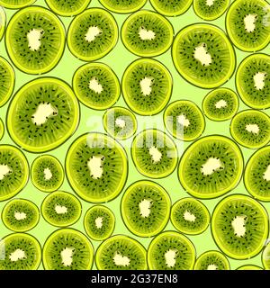 Grünes Nahtloses Muster mit reifen Kiwis für den Sommer. Sich wiederholender Hintergrund mit Zitrusfrüchten. Vektor-Textur mit tropischen und biologischen Lebensmitteln. Stock Vektor