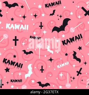 Pastell Goth Hintergrund mit Fledermäusen, Lutscher, Kreuze und Sterne. Nahtloses Kawaii-Pink-Muster mit gruseligen Halloween-Elementen und gruseligen Kritzeleien. Stock Vektor