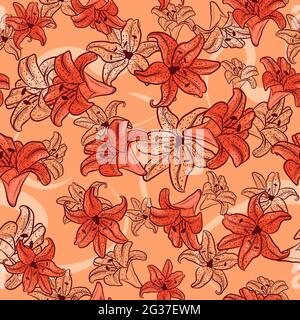 Federnfreies Muster mit floralen Elementen und Skizzen. Repetitiver Sommerhintergrund mit orangen Lilien und Tulpen. Natürliche und botanische Textur Stock Vektor