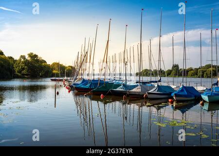 Segelboote mit blauer Regenplane auf der Außenalster in Hamburg, Hamburg, Deutschland bedeckt Stockfoto