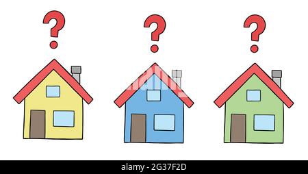 Cartoon-Vektor-Illustration von drei Häusern mit Fragezeichen. Farbige und schwarze Umrisse. Stock Vektor