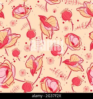 Eleganter und Vintage-Nahtloses Musterdruck mit Opiummohn. Wiederholen Sie den Hintergrund mit rosa Blumen und Unkraut. Florale feminine Textur Stock Vektor