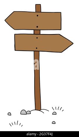 Cartoon-Vektor-Illustration von Straßenschild zeigt zwei verschiedene Richtungen. Farbige und schwarze Umrisse. Stock Vektor