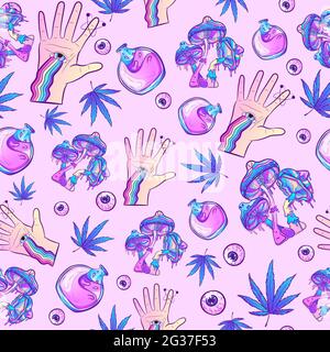 Purpurnes, psychedelisches Nahtloses Muster mit trippigen, lebendigen Farben und esoterischen freimaurerischen Elementen. Sich wiederholender Hintergrund mit Pilzen, Marihuana, Händen, Stock Vektor