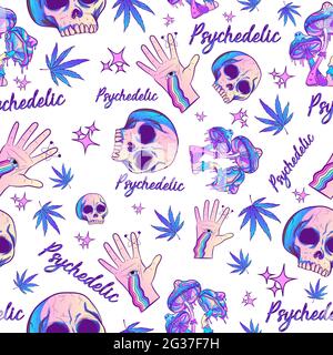 Purpurnes, psychedelisches Nahtloses Muster mit trippigen, lebendigen Farben und esoterischen freimaurerischen Elementen. Sich wiederholender Hintergrund mit Pilzen, Marihuana, Händen, Stock Vektor