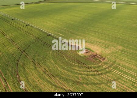 Luftaufnahme von Center Pivot Bewässerungsanlagen zur Bewässerung von grünen Sojabohnensämlingen auf der Plantage, Drohne pov Aufnahmen Stockfoto