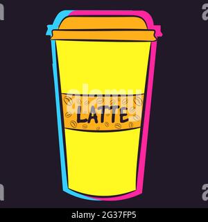 Eine Tasse Kaffee aus Neon-Plastik mit einem Namen darauf. Flüssiger Latte mit Koffein in einem gelben Behälter. Stock Vektor