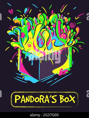 Konzeptuelle Kunst der Büchse der Pandora. Neon-Illustration eines Behälters mit Farbspritzern, Explosion und Flüssigkeitsbersten. Stock Vektor