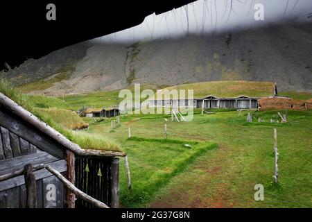 Wikingerfarm, Freilichtmuseum, Vestrahorn, Südisland, Island Stockfoto