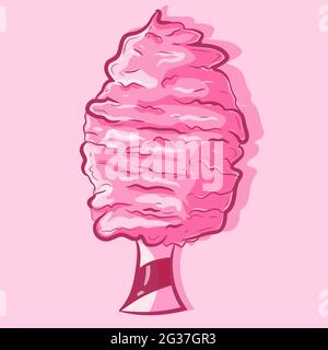 Illustration einer Zuckerwatte für Kinder. Isoliertes Objekt auf einem rosa Hintergrund. Süßes Sommergeschenk. Vektor-Zeichnung von kawaii und leckeren Junk-Food. Stock Vektor