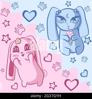 Vektor-Kunst von einem pastellrosa und einem blauen Hasen. Zwei niedliche Tiere mit Herzen, Sternen und Pfoten um sie herum. Japanische Mode und konzeptuelle Zeichnung machte ich Stock Vektor