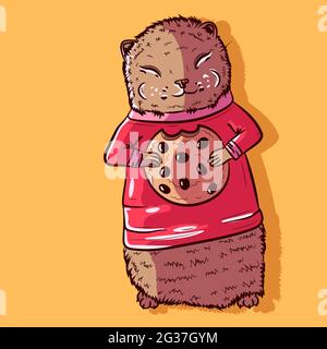 Vektor eines niedlichen braunen Frettchens, das auf einem Schokoladenkekse knabert. Entzückendes Cartoon-Wiesel trägt einen roten Rollkragenpullover und frisst einen Keks. Klein Stock Vektor