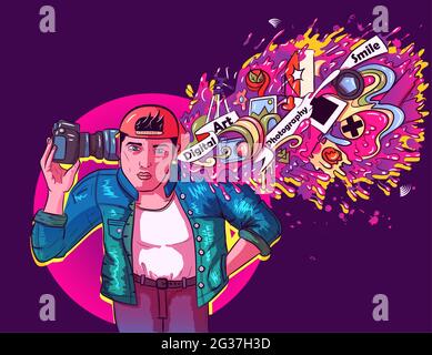 Vektorgrafik eines Kameramanns in einer Jeansjacke, der seine Digitalkamera am Kopf hält.Fotograf mit Farben, Ideen und Elementen, die platzen und verschmelzen Stock Vektor