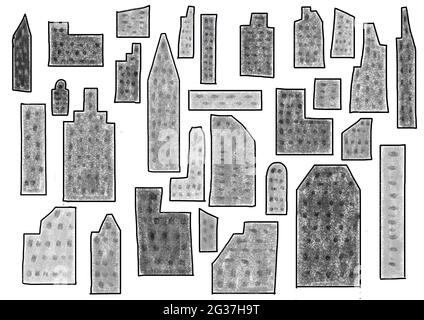 Naive Illustration, Kinderzeichnung, Blick auf die Stadt mit Wolkenkratzer Stockfoto