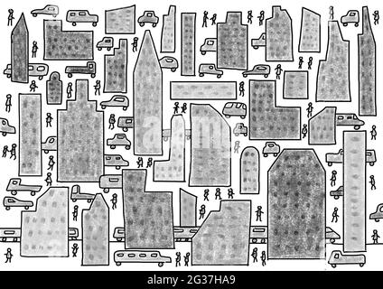 Naive Illustration, Kinderzeichnung, Blick auf die Stadt mit Wolkenkratzer und verschiedenen Verkehrsmitteln Stockfoto