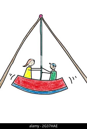 Naive Illustration, Kinder zeichnen, zwei Kinder auf dem Spielplatz in einer Schaukel Stockfoto