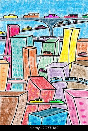 Naive Illustration, Kinderzeichnung, Blick auf die Stadt mit Wolkenkratzer und verschiedenen Verkehrsmitteln Stockfoto