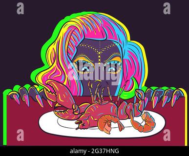 Hungriges Mädchen schaut unter dem Tisch bei einem Abendessen mit Garnelen und Hummer aus. Neonstrahlende Frau sehnt sich nach Meeresnahrung auf dem Teller. Vektor einer Dame Stock Vektor