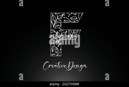 Eleganter Buchstabe F Logo aus Blumen mit Leafs und floraler Mustertextur in Monoline Creative Vector Illustration Design Logo Stock Vektor