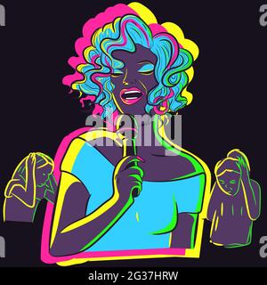 Illustration eines schrecklichen Sängers, der Karaoke singt. Schlechter Darsteller mit neonstrahlendem Haar, das ein Mikrofon hält. Stock Vektor