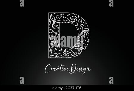 Eleganter Buchstabe D Logo aus Blumen mit Leafs und floraler Mustertextur in Monoline Creative Vector Illustration Design Logo Stock Vektor