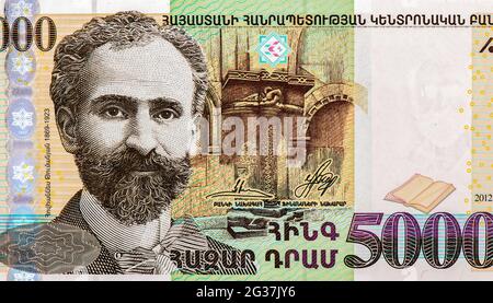 Armenischer Schriftsteller Hovhannes Tumanyan, Porträt aus Armenien 5000 DRAM 2012 Banknoten. Stockfoto