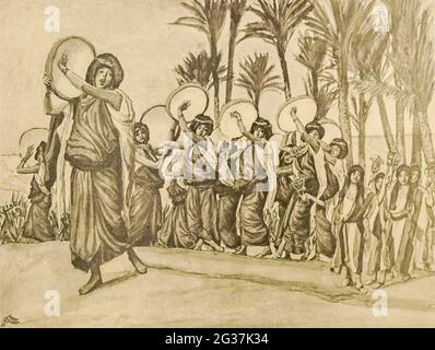 DIE LIEDER DER FREUDE. Beispiel xv. 20. Und Mirjam, die Prophetin, Aarons Schwester, nahm ein Pauken in ihre Hand, und alle Weiber gingen ihr nach mit Pauken und Reigen. Aus dem Buch "das Alte Testament: Dreihundertsechsundneunzig Kompositionen, die das Alte Testament illustrieren" Teil I von J. James Tissot Veröffentlicht von M. de Brunoff in Paris, London und New York im Jahr 1904 Stockfoto