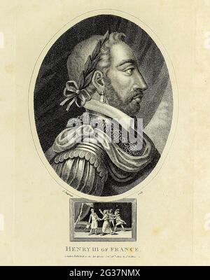 Heinrich III. (Französisch: Henri III., né Alexandre Édouard; polnisch: Henryk Walezy; litauisch: Henrikas Valua; 19. September 1551 – 2. August 1589) war von 1574 bis zu seinem Tod König von Frankreich sowie von 1573 bis 1575 König von Polen und Großherzog von Litauen. Kupferstich aus der Encyclopaedia Londinensis oder, Universelles Wörterbuch der Künste, Wissenschaften und Literatur; Band VII; herausgegeben von Wilkes, John. Veröffentlicht 1810 in London Stockfoto