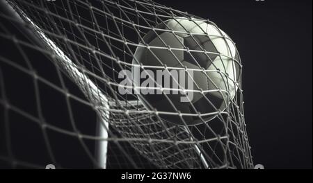 Fußball, erzielte das Tor und bewegen das Netz. 3D-Illustration, auf schwarzem Hintergrund. Stockfoto