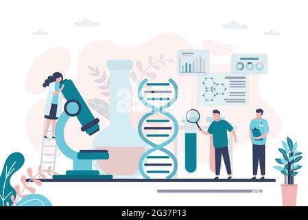 Ein Team von Apothekern führt Arzneimittelforschung durch. Männlicher Charakter mit Lupe untersucht dna. Gruppe von Wissenschaftlern, die im medizinischen Labor arbeiten. Medi Stock Vektor