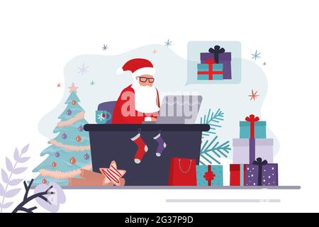 Der Weihnachtsmann nimmt Bestellungen für Geschenke online entgegen. Vater Weihnachten sitzt am Arbeitsplatz und arbeitet. Verschiedene Geschenkboxen im Büro des weihnachtsmannes. Konzept der Online-Sho Stock Vektor