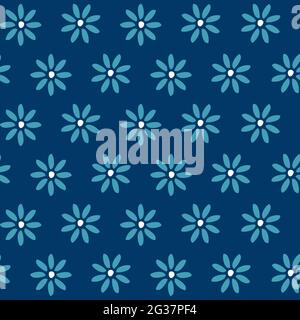 Nahtloses Muster mit floralen Motiven in 3 Farben. Marineblauer Hintergrund. Stockfoto