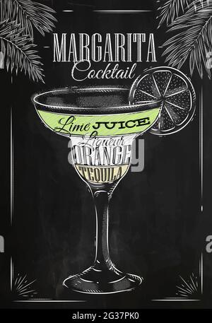 Margarita Cocktail im Vintage-Stil stilisierte Zeichnung mit Kreide auf Tafel Stock Vektor
