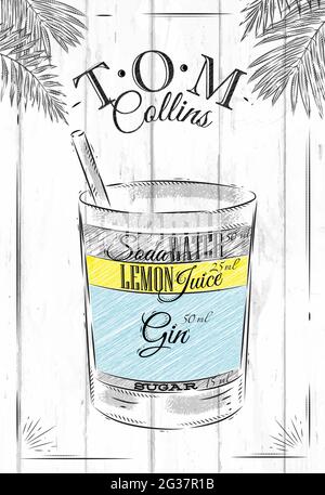 Tom Collins Cocktail im Vintage-Stil stilisiert auf Holzbrettern gemalt Stock Vektor