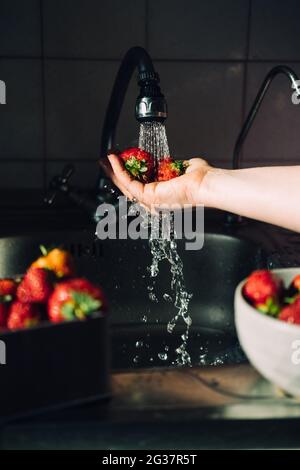 Frau Hände waschen frische reife Erdbeeren in der Küche. Rote, leuchtende Erdbeeren unter Wasser spritzen auf das Küchenwaschbecken. Frische, gesunde Bio-Früchte Stockfoto