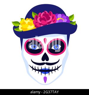Traditioneller mexikanischer Schädel. Dia de los muertos. Tag der Toten Symbol mit Blumen. Stock Vektor