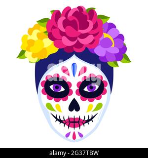 Traditioneller mexikanischer Catrina Schädel. Dia de los muertos. Tag der Toten Symbol mit Blumen. Stock Vektor