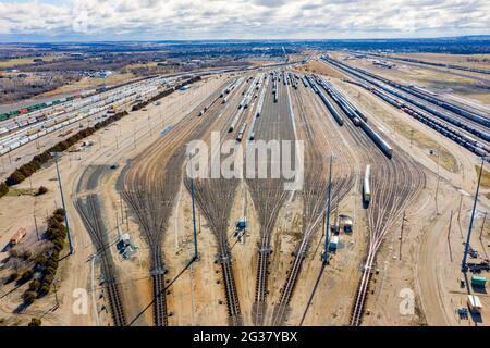 Bailey Yard, die größte Eisenbahnklassifizierungsanlage der Welt, North Platte, Nebraska, USA Stockfoto