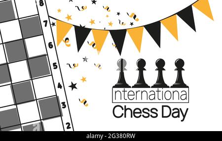 Spielsteine im Schachbrett vor weißem Hintergrund. International Chess Day Vektor-Banner-Vorlage. Stock Vektor