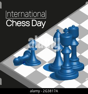 Banner-Vorlage für den Internationalen Schachtag. Schachfiguren auf dem Brett Vektorgrafik. Stock Vektor