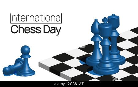 Banner-Vorlage für den Internationalen Schachtag. Schachfiguren auf dem Brett Vektorgrafik. Stock Vektor