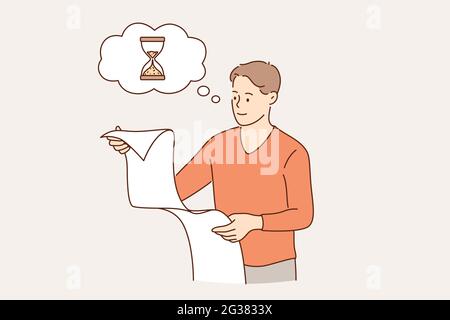 Erfolgreiches Zeitmanagement im Geschäftskonzept. Junge lächelnde Geschäftsmann Zeichentrickfigur Blick auf Aufgaben Liste erledigt Gefühl glücklich mit der Arbeit oder Projekt auf Zeit Vektor Illustration Stock Vektor